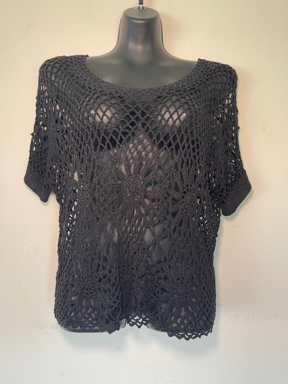 Say What? Black Crochet Openwork Short Sleeve Top